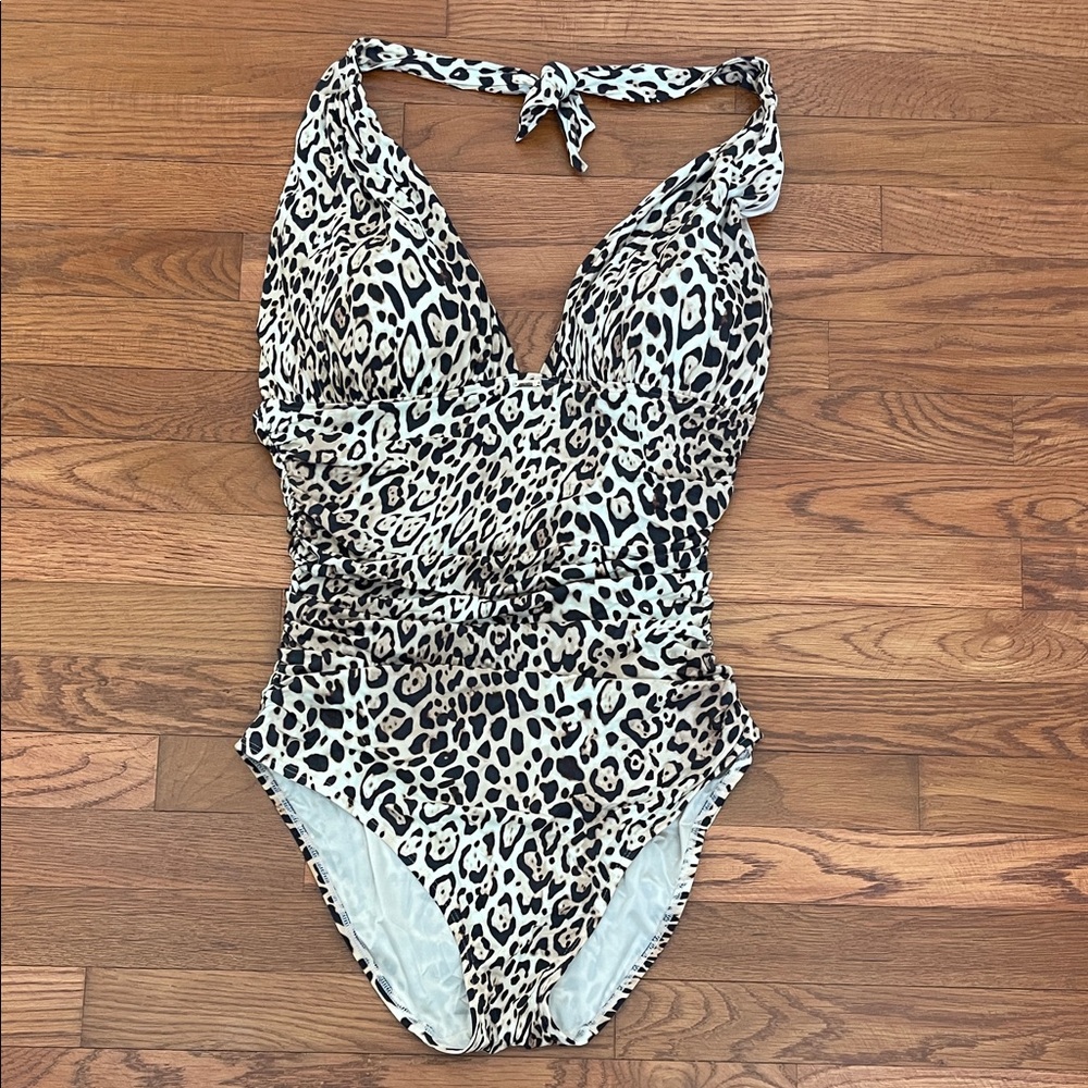 Victoria’s Secret Swimwear leopard ruched one-piece halter swimsuit, XL NEW